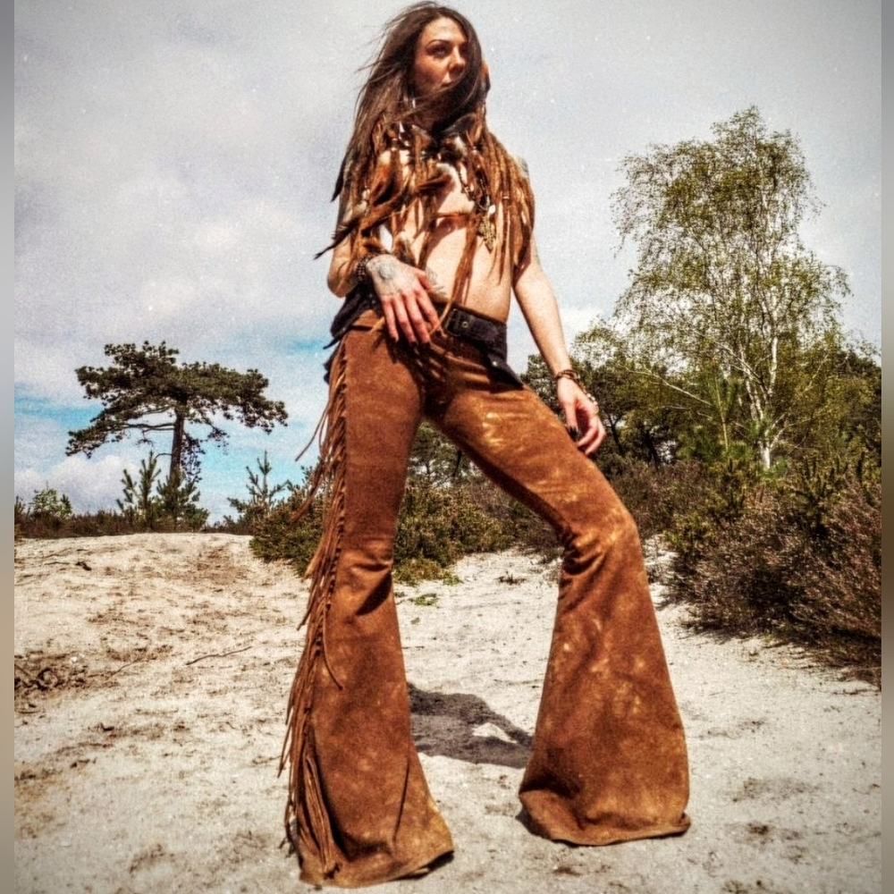 SHORT LENGTH Hip Hugger Fringe Bell Bottoms in GOLDEN BROWN TIE DYE XS S M L XL